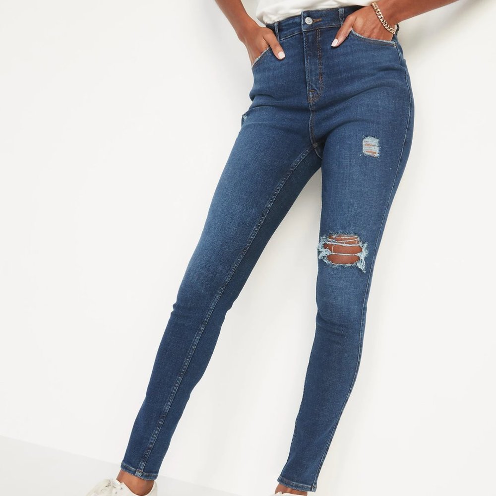 Old Navy Extra High-Waisted Rockstar Stretch Super Skinny Ripped Jeans Women 12